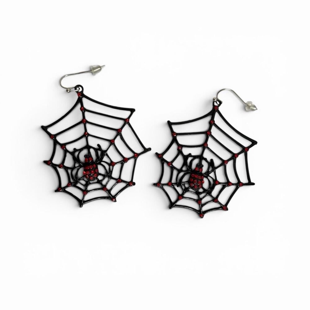 Spider Web & Spider Dangle Earrings Gothic Red Rhinestone Jewelry